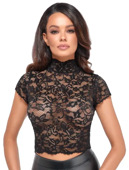 Noir Handmade Lace Crop Top S Black - Elegant Floral Stand Collar