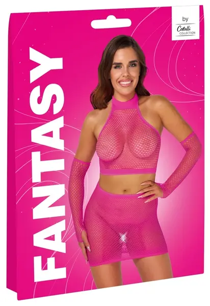 Cottelli Fantasy Hot Pink Mesh Set S-L - Crop Top, Skirt & Gauntlets