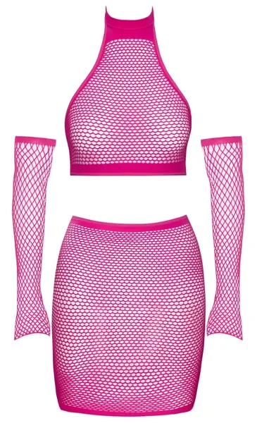 Cottelli Fantasy Hot Pink Mesh Set S-L - Crop Top, Skirt & Gauntlets