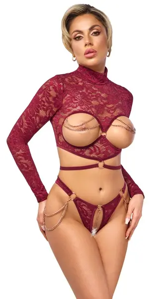Abierta Fina Open Cup Lace Top & Crotchless Thong Red S