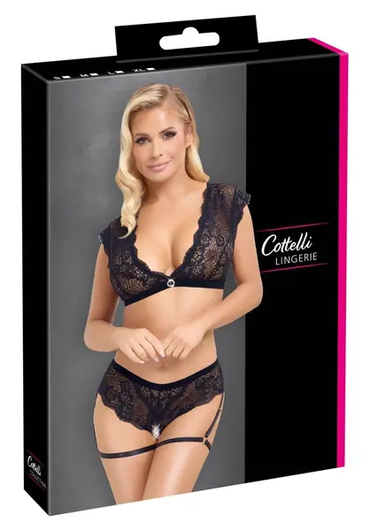 Cottelli Lingerie Black Lace Set Top & Crotchless Briefs M Adjustable