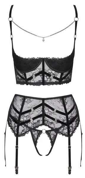 Cottelli Lingerie Shelf Bra Set Chain Black Lace 75B/S Adjustable