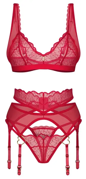 Obsessive Cupide Desir 3-Piece Lingerie Set Red L/XL Adjustable Straps