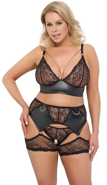 Cottelli CURVES 3-Piece Lace Bra Set with Suspenders, Black, 3XL