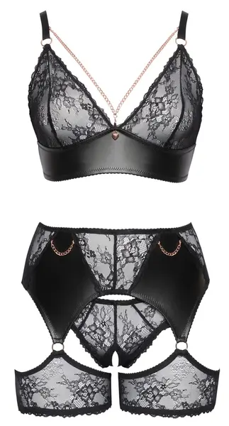 Cottelli CURVES 3-Piece Lace Bra Set with Suspenders, Black, 3XL