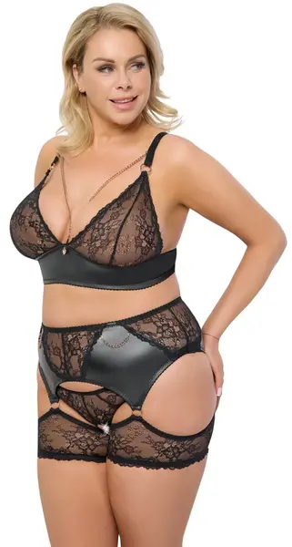 Cottelli Curves Bra Set 3-Piece 2XL Black with Lace and Chains