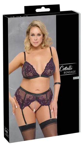Cottelli Bondage Bra & Suspender Set 2XL, Purple-Black, Adjustable Chains