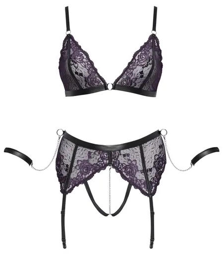 Cottelli Bondage Bra & Suspender Set 2XL, Purple-Black, Adjustable Chains