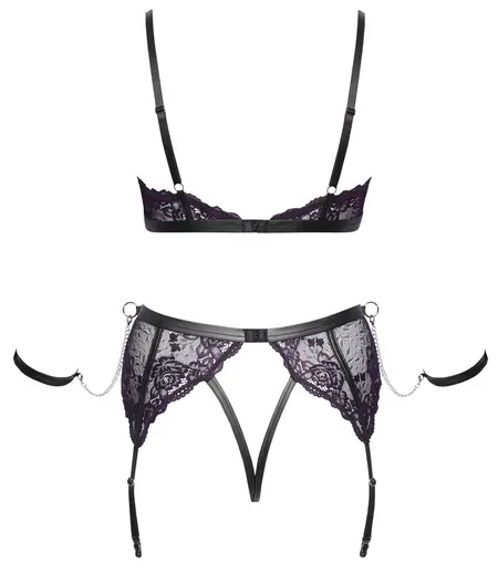 Cottelli Bondage Bra & Suspender Set 2XL, Purple-Black, Adjustable Chains