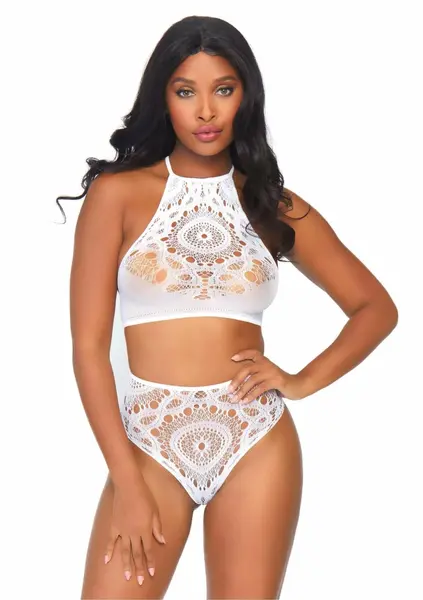 Dreamgirl Halter Crop Top & High Waist Thong Set, Crochet Lace, White