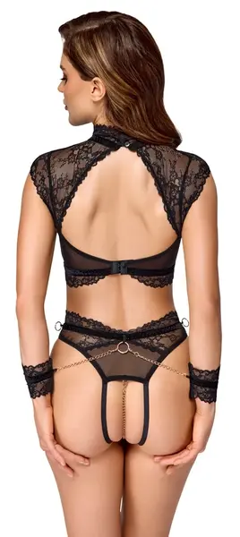 Cottelli Bondage Lace Bra & Crotchless Briefs Set with Handcuffs M