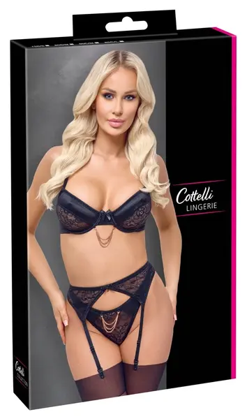 Cottelli Lingerie Set 85C/L Black Lace & Satin with Detachable Chains