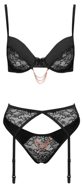 Cottelli Lingerie Bra Set Chain 80C/M Black Lace & Satin Trio