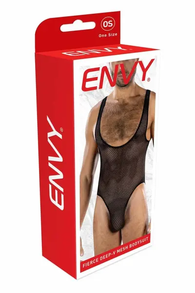 ENVY Fierce Deep V Mesh Bodysuit Black OS - Athletic Diamond Pattern