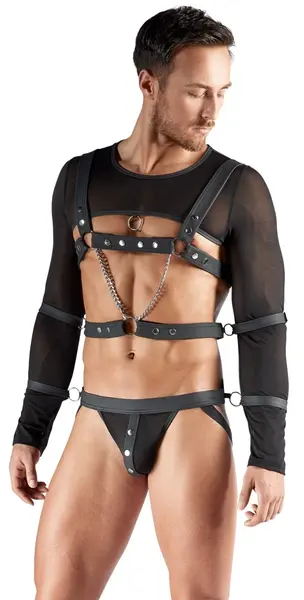 Svenjoyment Bondage Set XL - Powernet Top, Harness & Jock, Black
