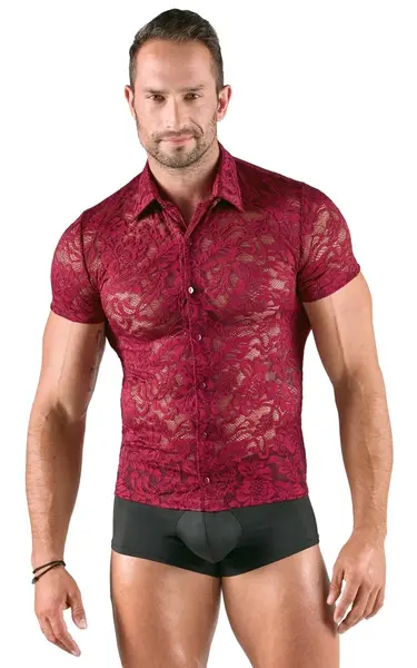 Svenjoyment Men’s Lace Shirt Burgundy Floral Short Sleeve M