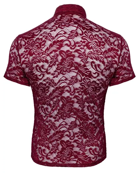 Svenjoyment Men’s Lace Shirt Burgundy Floral Short Sleeve M