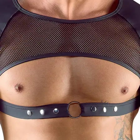 Svenjoyment Matte Black Mesh Crop Top for Men, Adjustable Chest Strap, M