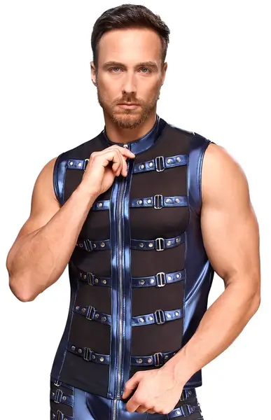 NEK Metallic Blue Strap-Detail Shirt with Powernet Inserts, Size M