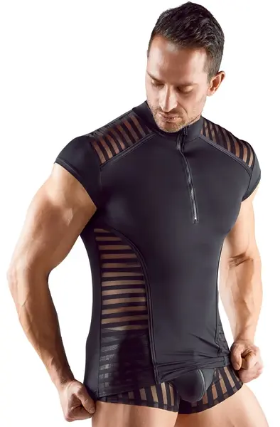 Svenjoyment Men's Black Microfibre Shirt M with Transparent Stripe Accents