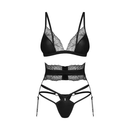 Obsessive Lobellis 3-Piece Lingerie Set Black XS Adjustable Lace Finish