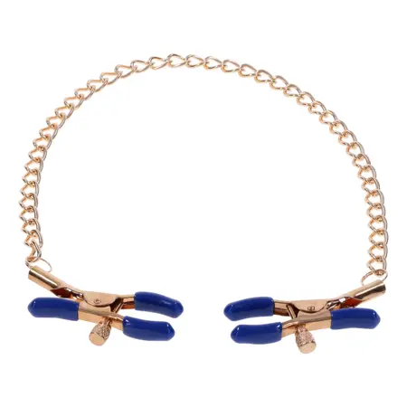 Sportsheets Cougar Adjustable Gold Chain Nipple Clamps with Blue Tips