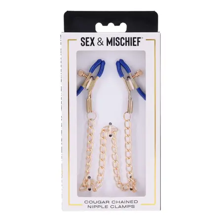 Sportsheets Cougar Adjustable Gold Chain Nipple Clamps with Blue Tips