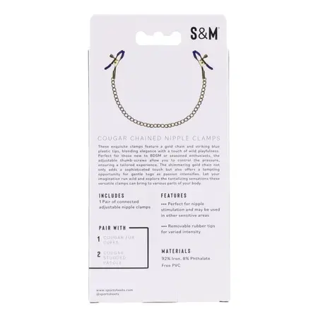 Sportsheets Cougar Adjustable Gold Chain Nipple Clamps with Blue Tips