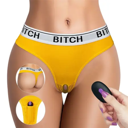 BITCH Vibrating Tanga XS/S Black with Remote-Controlled Mini Bullet
