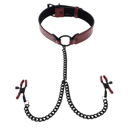 Sportsheets Saffron Adjustable Collar with Chain and Clamps, Red/Black