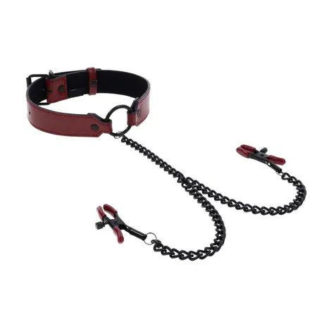 Sportsheets Saffron Adjustable Collar with Chain and Clamps, Red/Black