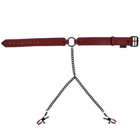 Sportsheets Saffron Adjustable Collar with Chain and Clamps, Red/Black