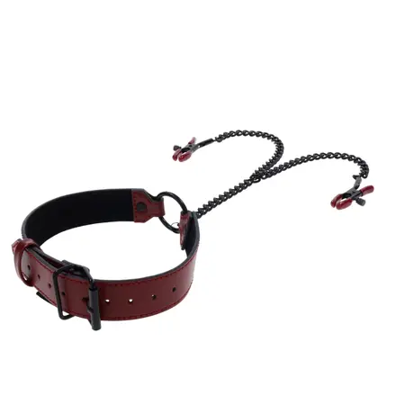 Sportsheets Saffron Adjustable Collar with Chain and Clamps, Red/Black
