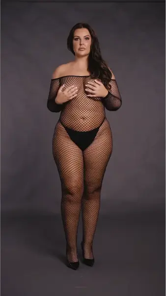 OSX Bodystocking Off-Shoulder Fishnet Longsleeve Black Plus Size