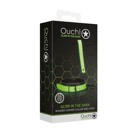 Ouch! Adjustable Glow-in-the-Dark Collar with Leash - Neon Green Finish