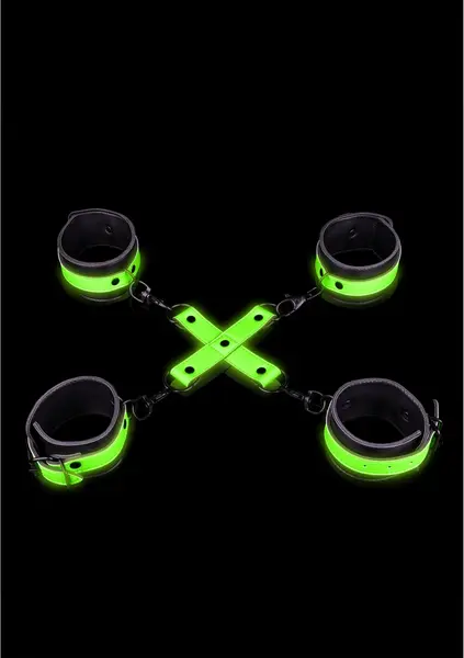 Ouch! Glow in the Dark Hand & Ankle Cuffs Set with Hogtie, Luminous Green