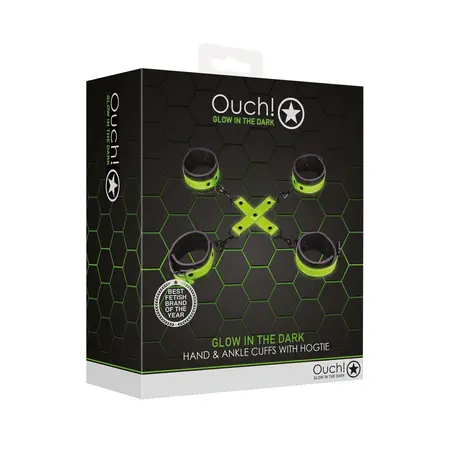 Ouch! Glow in the Dark Hand & Ankle Cuffs Set with Hogtie, Luminous Green