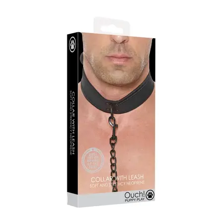 Ouch! Neoprene Adjustable Collar with Leash - Black, Comfortable Fit