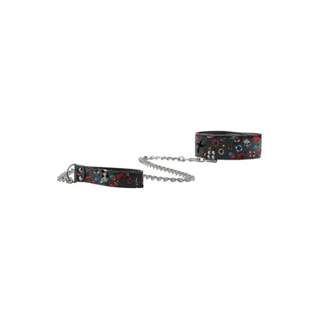 Ouch! Adjustable Bonded Leather Collar with Leash, Black, Universal Size