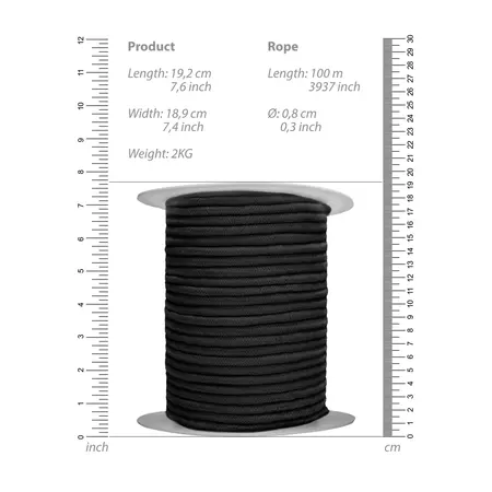 Shots Bondage Rope 100 m - Durable Cotton, Black, 0.8 cm Diameter