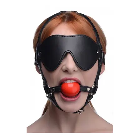 Sex & Mischief Blindfold Harness with Red Ball Gag Adjustable Black