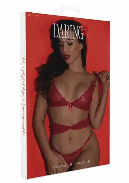 Daring Intimates Lace Dreams 3PC Lingerie Set Red Adjustable S/M