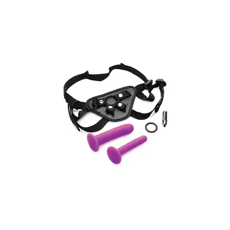 XR Brands Double-G Deluxe Vibrating Strap-On System Purple Set