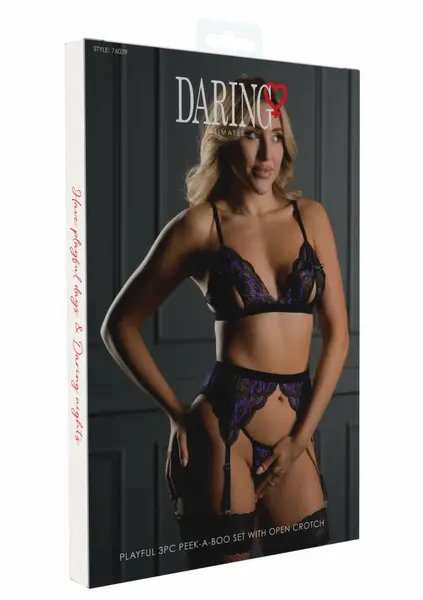 Daring Intimates 3PC Peek-a-Boo Bow Set Purple Lace Velvet Band S/M