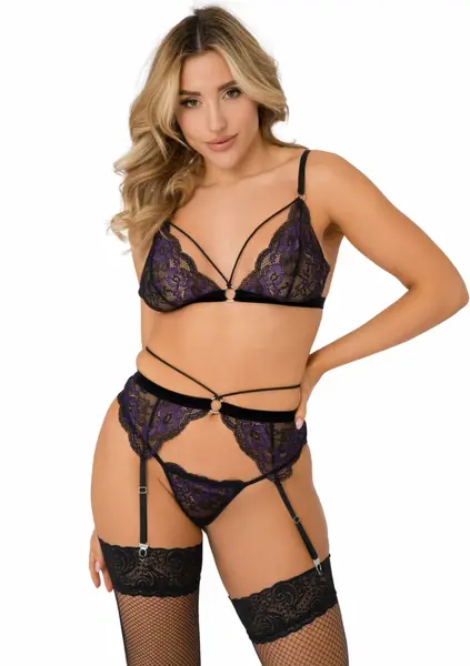 Daring Intimates 3PC Lace Bra, Panty & Garter Set Purple Velvet Trim