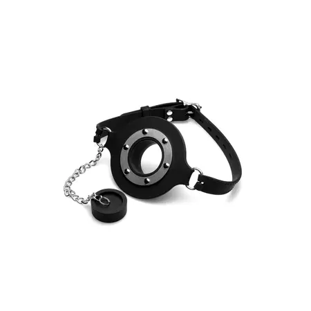 XR Brands Pie Hole Silicone Open Mouth Gag with Removable Plug Black