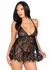 Floral Lace Babydoll Set with Eyelash Hem & Adjustable Straps, Black, S/M