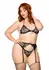 Plus Lace Bra Top, String and Garter Belt Set with Rhinestone Detail