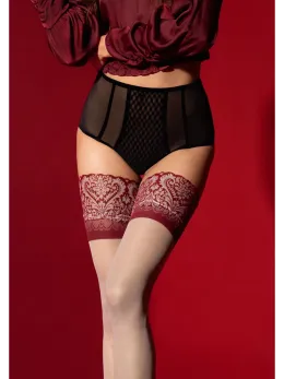 FiORE Arabesque Stay Ups 20 Denier - Red Lace Top, Sheer, Durable, S-XL