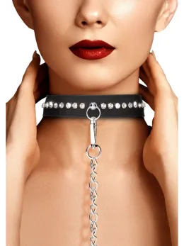 Shots Diamond Series Adjustable Collar with Leash, Black, Studded Design